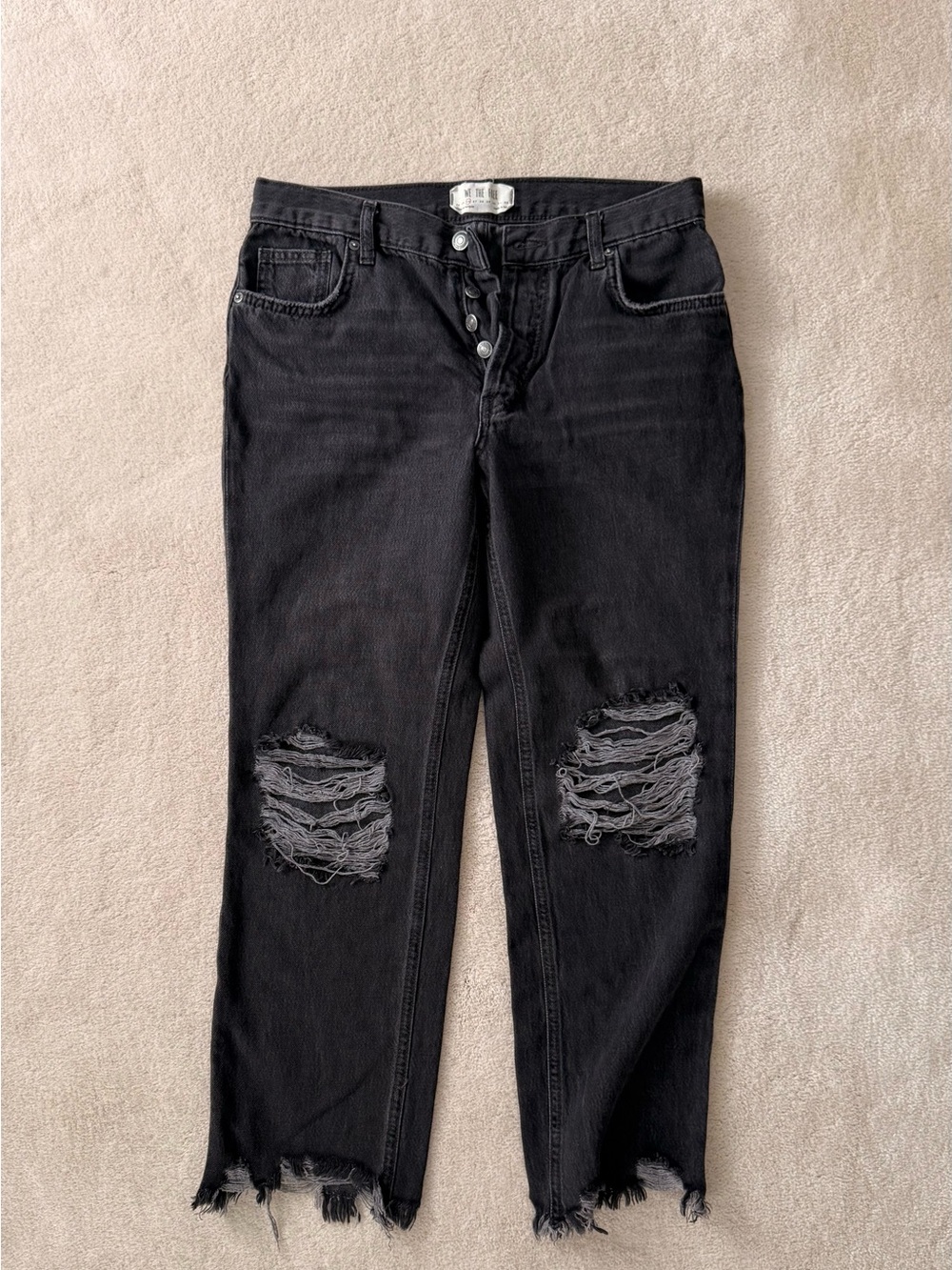 Free People Black Distressed Ankle Jeans with Knee Rips